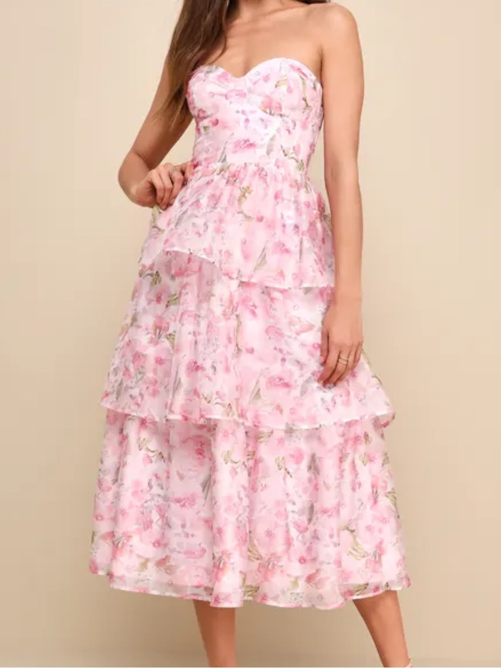 Lulus Pristine Cutie Light Pink Floral Organza Bustier Midi Tiered Dress Large